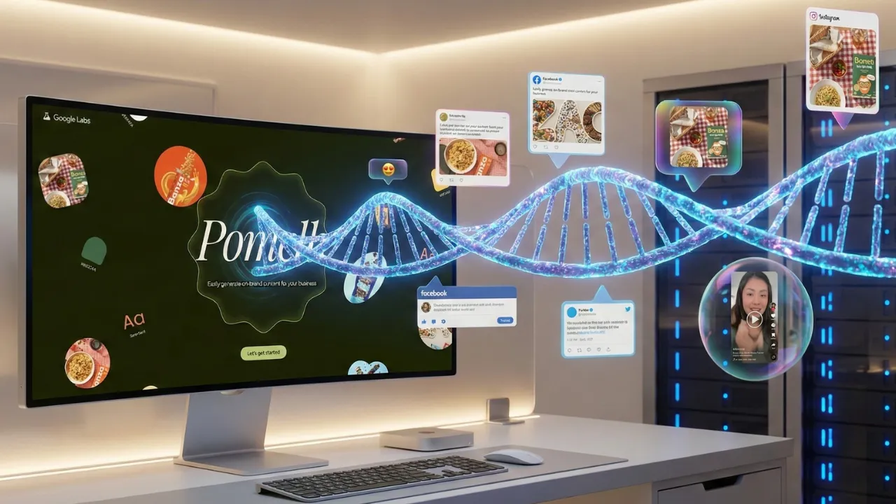 Interface da IA Pomeli no Google Labs mostrando a geração automática de posts para redes sociais.