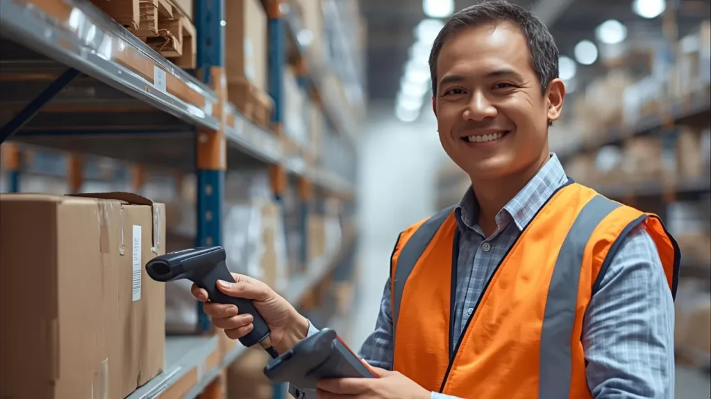 Funcionário de e-commerce utilizando um leitor de código de barras para separar produtos em um armazém organizado.