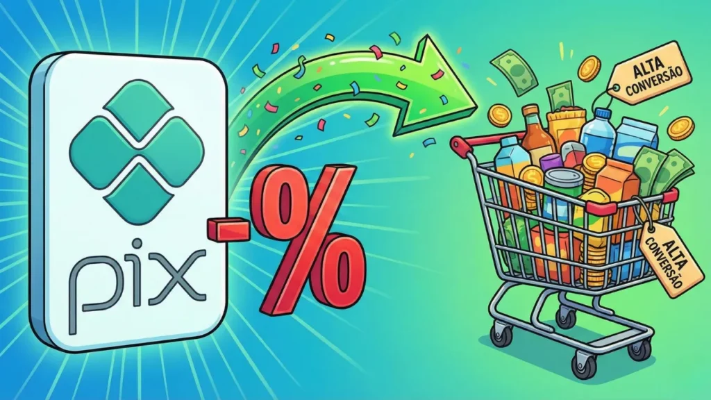 Ícone de Pix com um símbolo de desconto e uma seta indicando alta conversão.