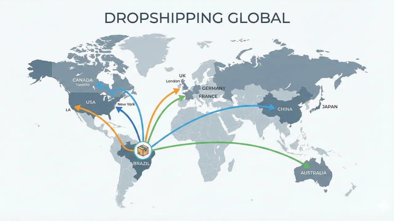 Mapa-múndi com setas conectando um ponto no Brasil a vários outros pontos globais, simbolizando o Dropshipping Global.