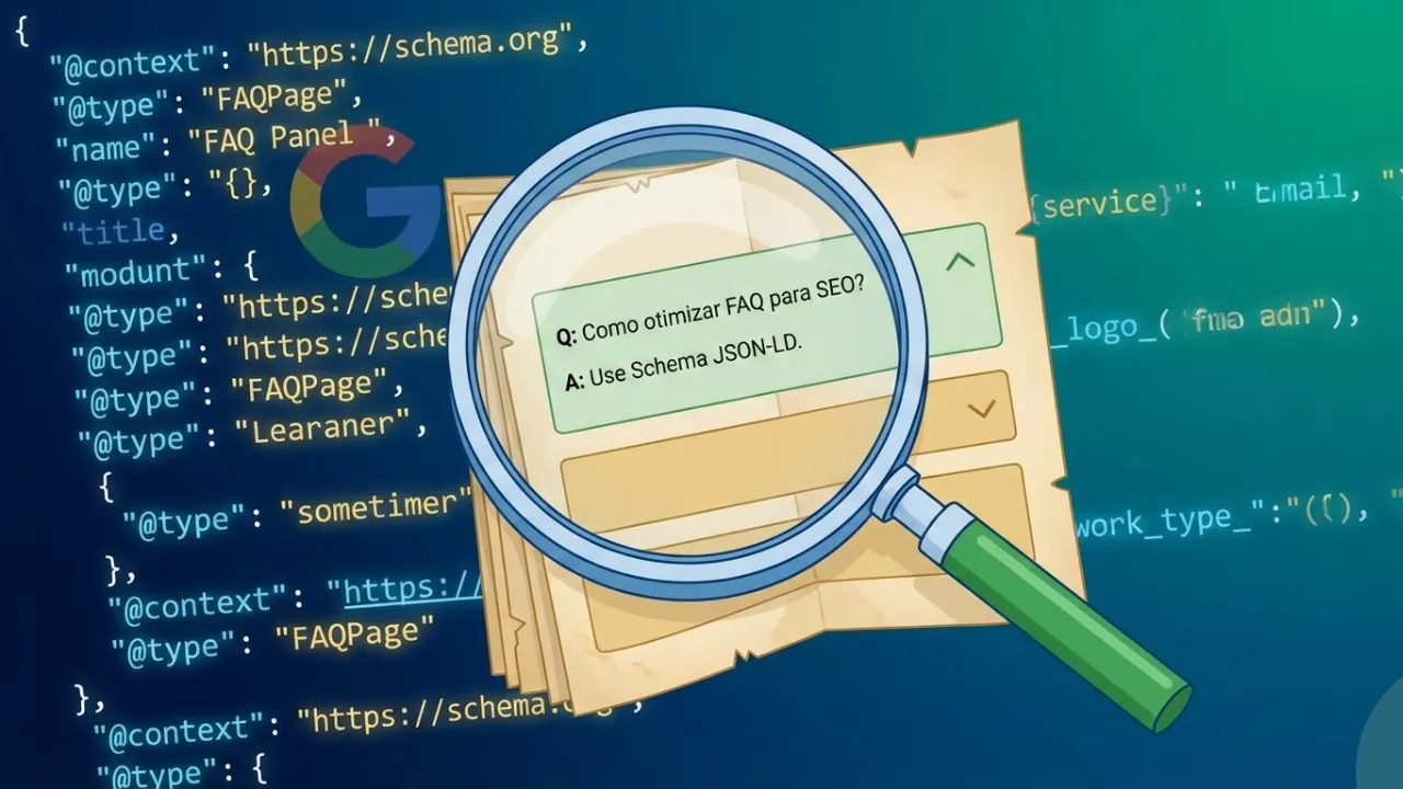 Ilustração de uma lupa sobre um acordeão de FAQ, com linhas de código JSON-LD ao fundo, simbolizando a otimização de FAQ para SEO
