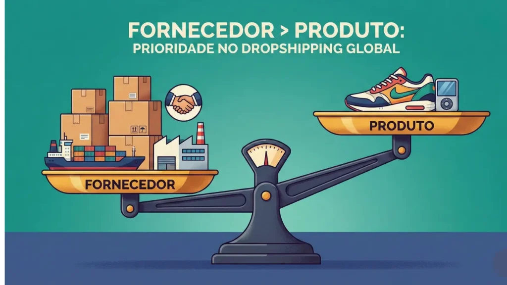 Balança de peso comparando a importância do Fornecedor e do Produto no Dropshipping Global.