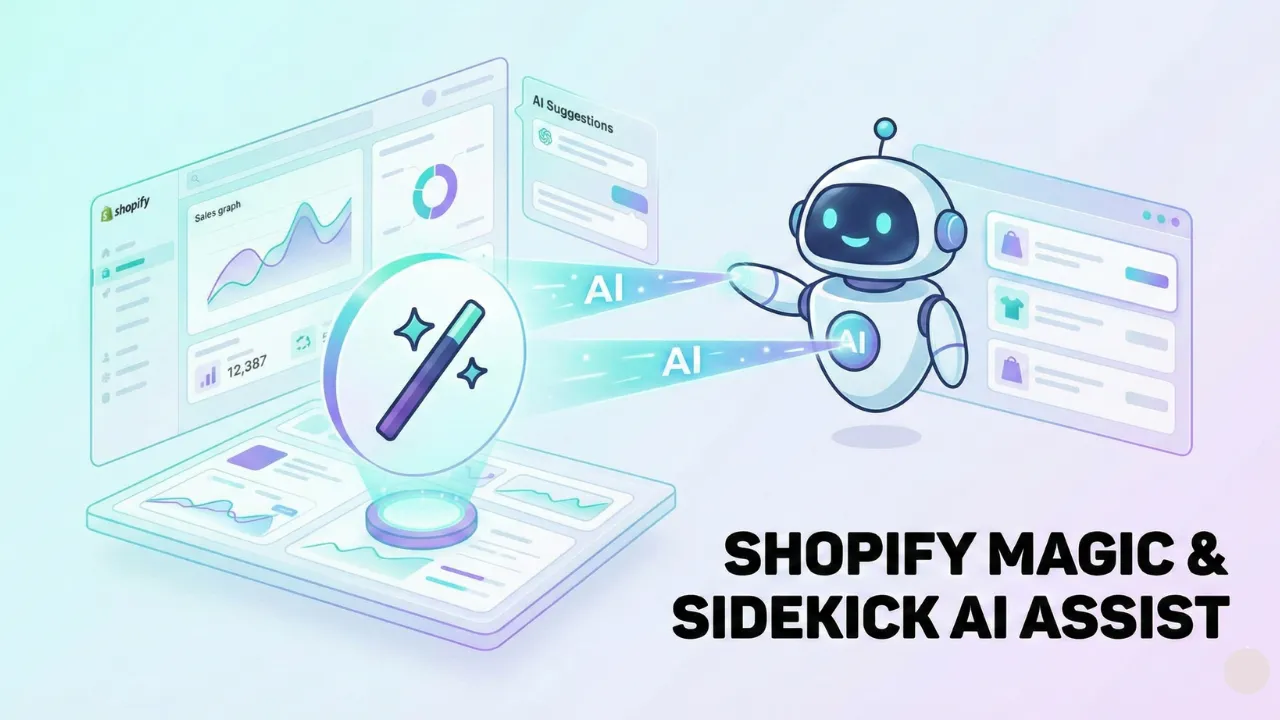 Ilustração futurista de um painel da Shopify com o ícone do Shopify Magic (varinha mágica) e o Sidekick (boneco assistente) em destaque.