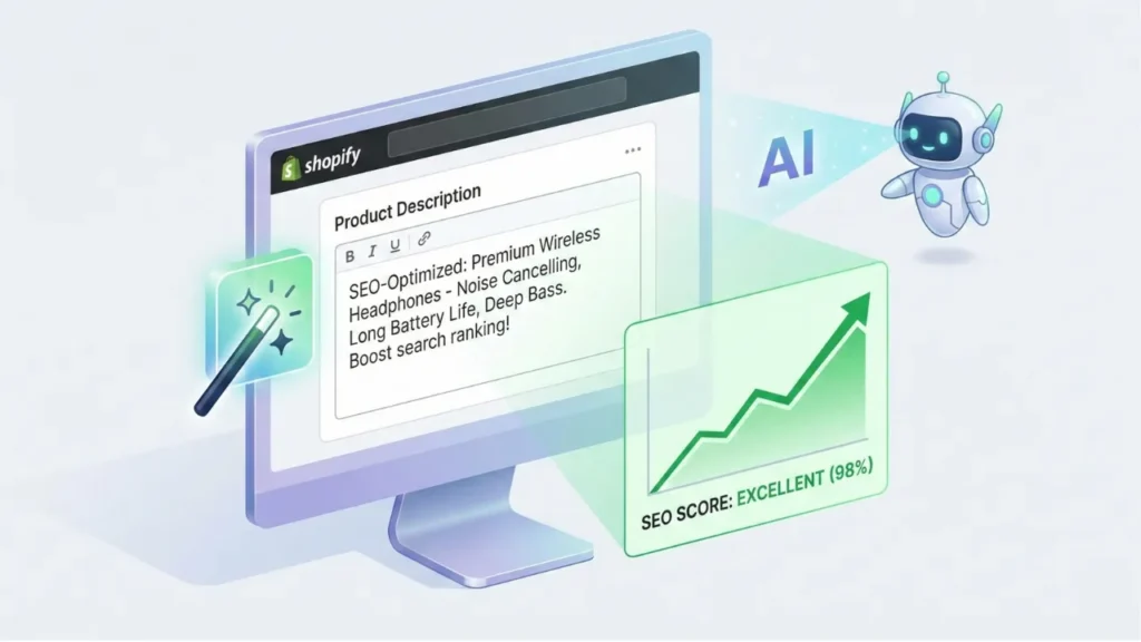 Inteligência Artificial na Shopify Tela de edição de produto da Shopify com o ícone do Shopify Magic gerando uma descrição otimizada para SEO.
