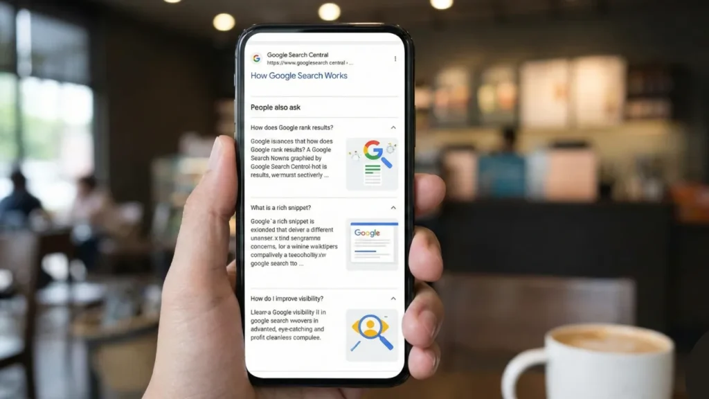 Captura de tela estilizada de um resultado de busca do Google com rich snippets de FAQ para e-commerce
