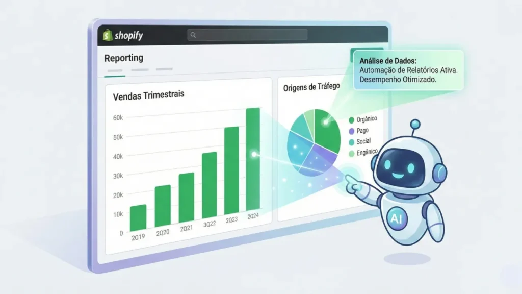 Ícone do Sidekick em uma tela de relatório da Shopify, com gráficos e dados sendo analisados.