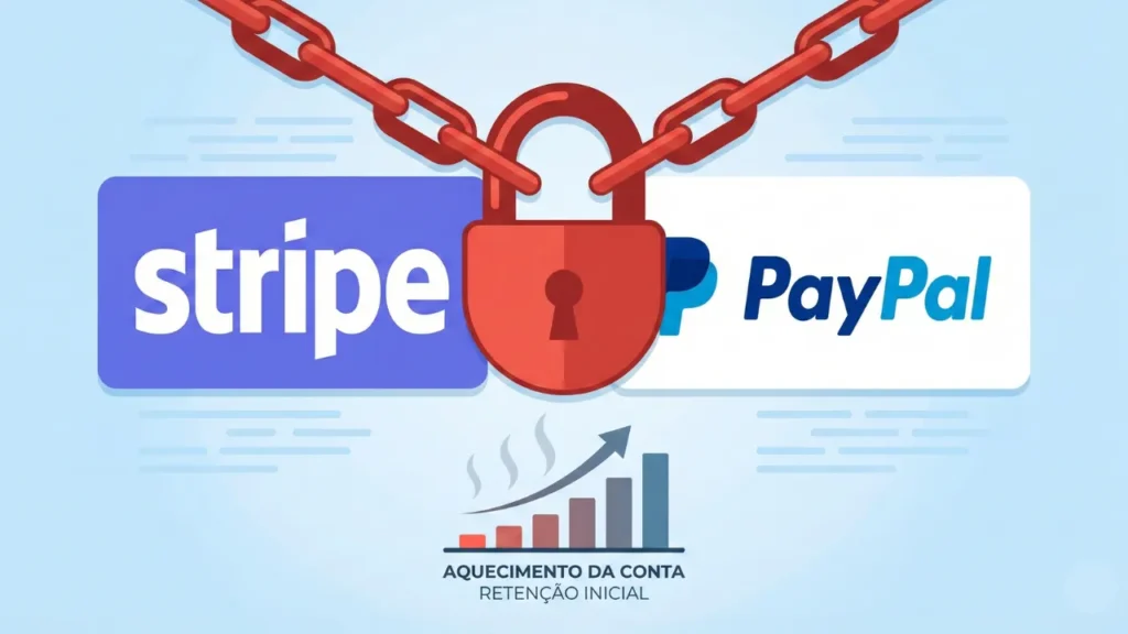 Ícones da Stripe e PayPal com um cadeado, simbolizando a retenção de pagamentos.