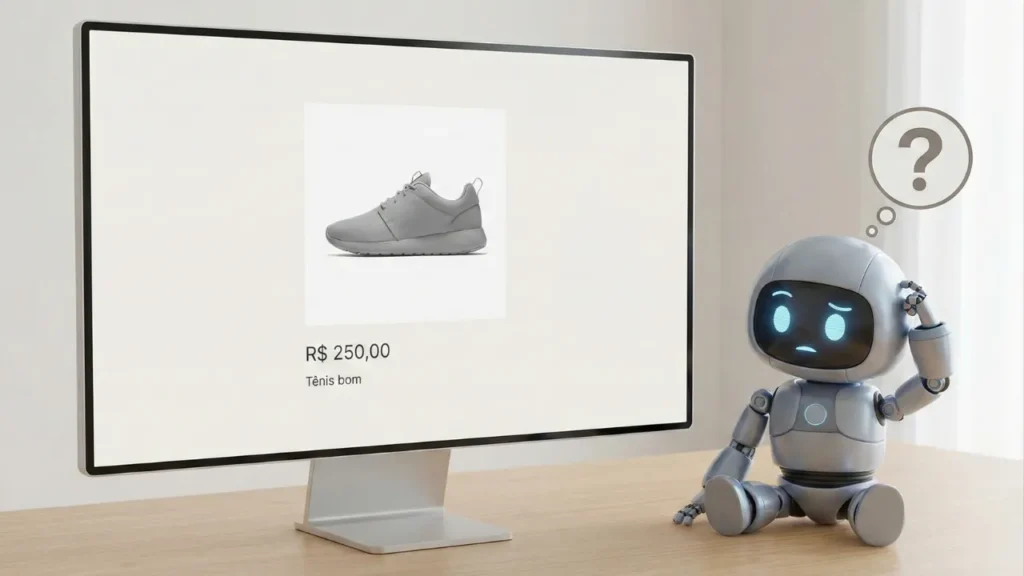 Ilustração de uma página de produto Shopify comum com descrição pobre e sem dados estruturados. Um robô de Inteligência Artificial aparece confuso e ignora a loja, demonstrando a falta de otimização GEO.