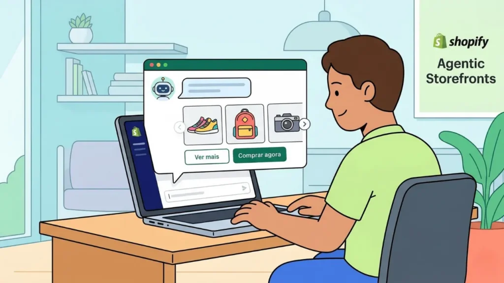 Representação visual de um cliente interagindo com uma IA (chatbot) para realizar uma compra em uma loja online, com o logo da Shopify ao fundo.