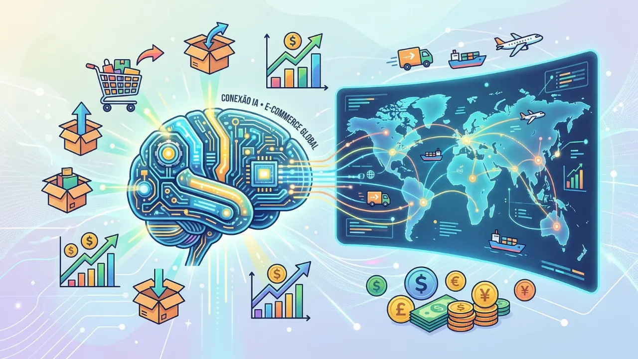 Ilustração futurista de um cérebro robótico conectado a um mapa-múndi digital, com ícones de e-commerce e moedas flutuando, simbolizando a IA impulsionando o comércio global.