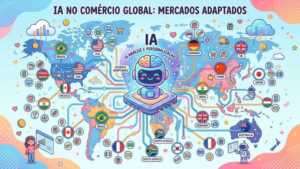 Gráfico de dados mostrando a personalização de produtos e ofertas para diferentes mercados globais, com a IA como elemento central.