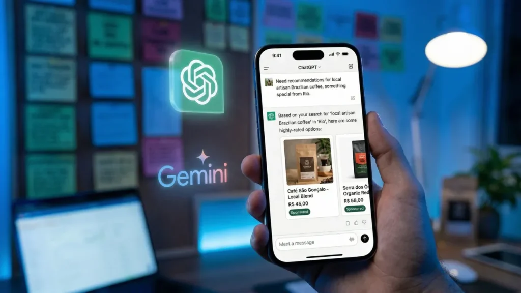 Representação visual de anúncios de produtos de e-commerce aparecendo dentro de uma conversa com assistente de IA no ChatGPT, com ícones de ChatGPT e Gemini ao fundo, simbolizando o futuro do tráfego pago para lojas virtuais em 2026.