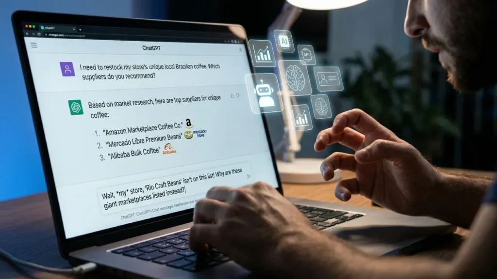 Tela do ChatGPT mostrando uma pesquisa de produto onde a IA recomenda marketplaces concorrentes em vez da loja virtual do vendedor, ilustrando o problema de autoridade de domínio e nicho indefinido para e-commerces que querem aparecer nas recomendações de IA.