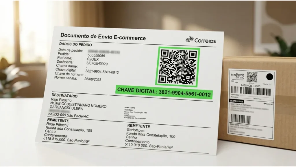 Exemplo de DACE - Documento Auxiliar de Declaração de Conteúdo Eletrônico impresso, com destaque para o QR Code e a chave eletrônica de acesso, representando o novo sistema de rastreamento de encomendas da Receita Federal do Brasil.