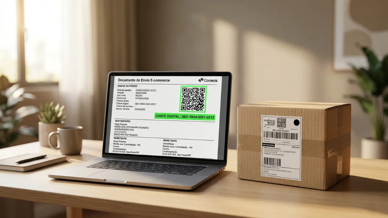 Tela de computador mostrando a emissão da Declaração de Conteúdo Eletrônica com QR Code, caixas de envio ao fundo e ícone da Receita Federal, representando a nova obrigação fiscal para e-commerce no Brasil.