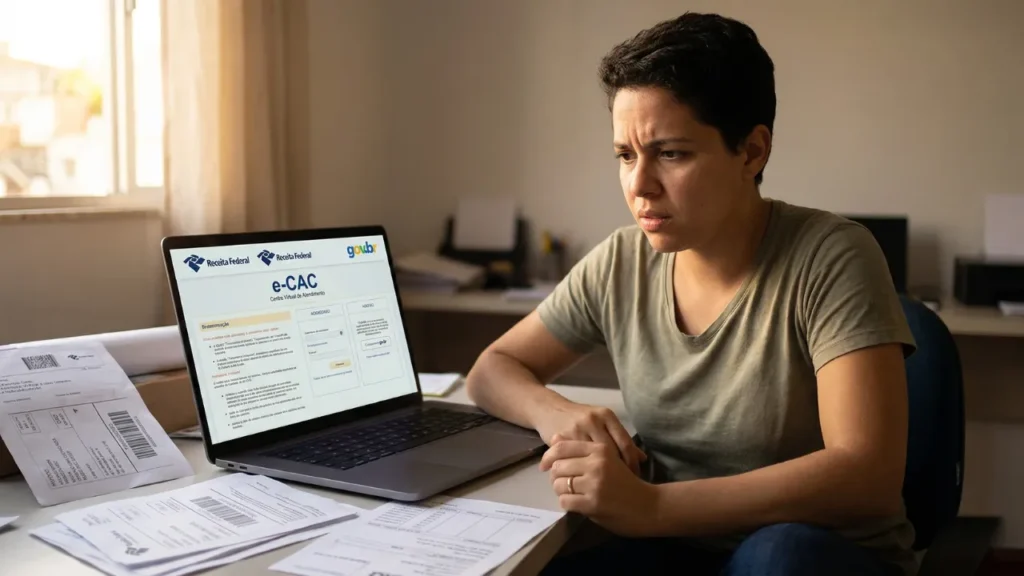 Pessoa acessando o portal e-CAC da Receita Federal no notebook para verificar notificações fiscais, ao lado de papéis com controle de vendas de e-commerce, representando a importância do monitoramento fiscal para vendedores online no Brasil.
