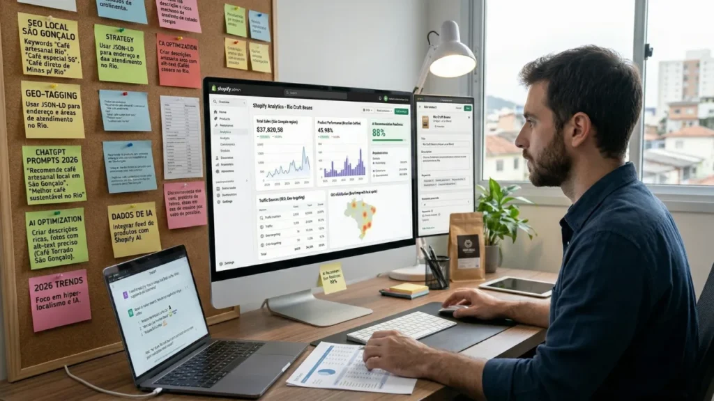 Empreendedor de e-commerce trabalhando na otimização de páginas de produto da loja Shopify com foco em SEO e GEO, com post-its de estratégia ao fundo e dashboard de analytics na tela, representando o processo de preparação da loja virtual para recomendações de inteligência artificial