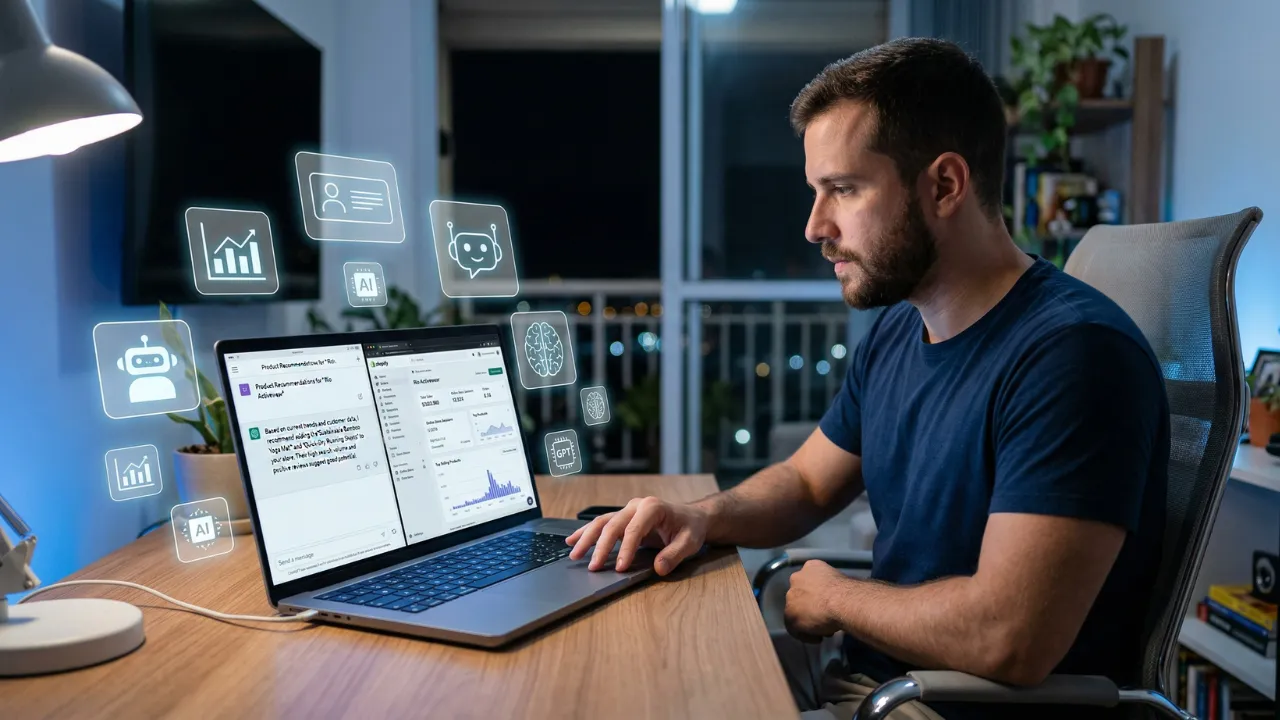 Tela de computador mostrando uma conversa no ChatGPT recomendando produtos de uma loja virtual Shopify, com ícones de inteligência artificial ao fundo, representando o impacto da IA no e-commerce e a necessidade de GEO em 2026