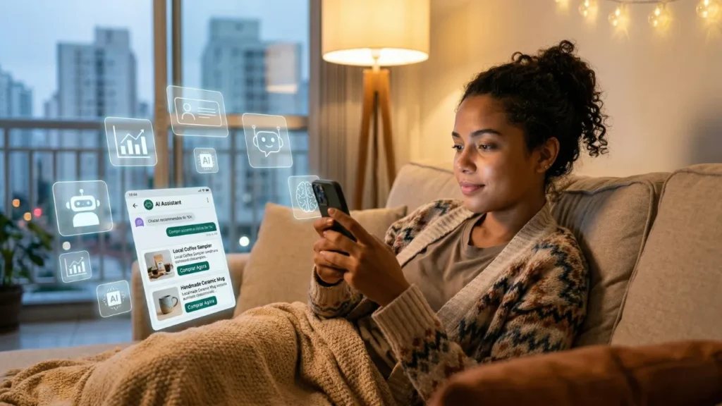 Infográfico conceitual mostrando a nova jornada de compra do consumidor em 2026, partindo de uma pergunta no ChatGPT até a recomendação de produtos de uma loja virtual Shopify, representando a mudança no comportamento de compra online com inteligência artificial