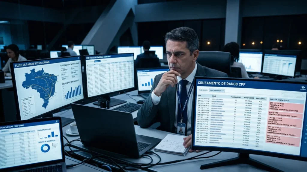 Ilustração conceitual mostrando um painel de dados da Receita Federal com gráficos de rastreamento de envios e CPFs, representando a fiscalização eletrônica de vendedores informais de e-commerce no Brasil após a implementação da Declaração de Conteúdo Eletrônica.