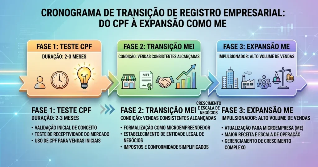 Infográfico mostrando as fases de um negócio de e-commerce: fase 1 CPF para testar (2-3 meses), transição para MEI quando há padrão consistente, evolução para ME se crescer. Timeline visual com ícones representando cada fase e marcos de decisão.