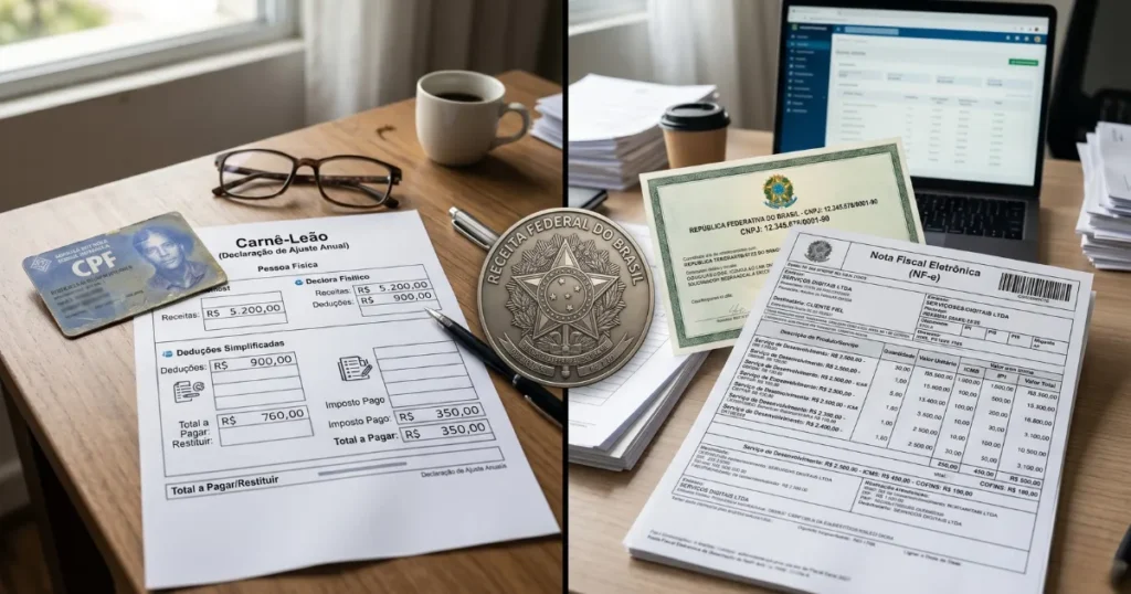 Comparação visual entre documentos de CPF/Carnê Leão e CNPJ/Nota Fiscal Eletrônica, mostrando a diferença de transparência e rastreabilidade na Receita Federal, representando por que o governo incentiva CNPJ para atividades comerciais.