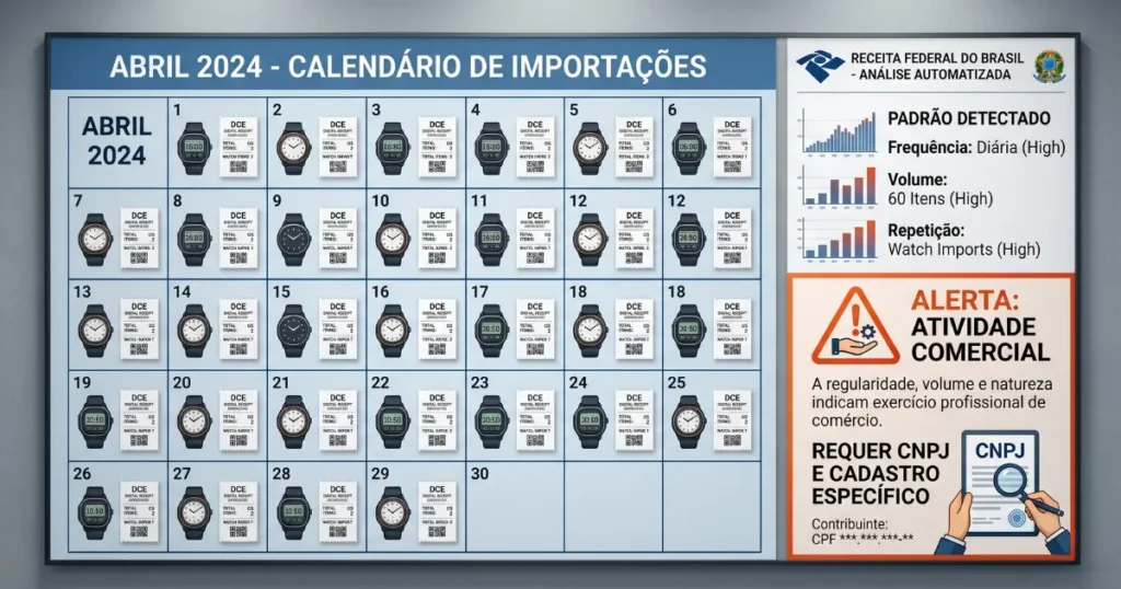 Infográfico mostrando o exemplo prático: 60 unidades de relógios vendidas em um mês, com ícones de declarações de conteúdo eletrônica sendo emitidas, e a análise da Receita Federal identificando isso como atividade comercial exigindo CNPJ.