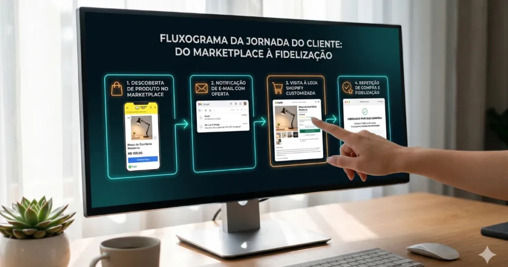 Fluxograma digital mostrando o ciclo ideal de e-commerce: descoberta no marketplace, coleta de email, redirecionamento para loja própria e recompra com retenção.