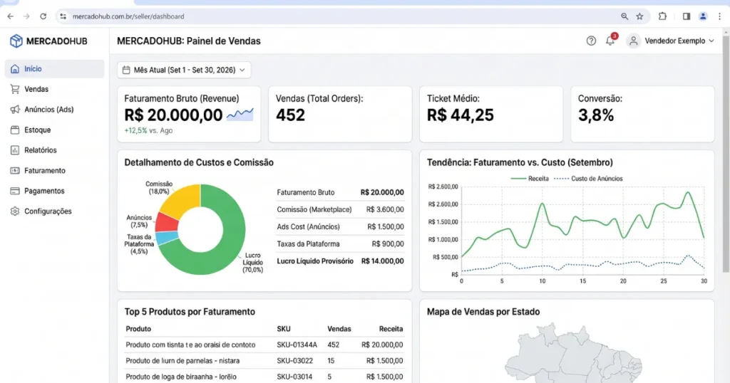 Dashboard de vendedor no Mercado Livre mostrando faturamento mensal com breakdown de comissões, anúncios patrocinados e taxas de frete.