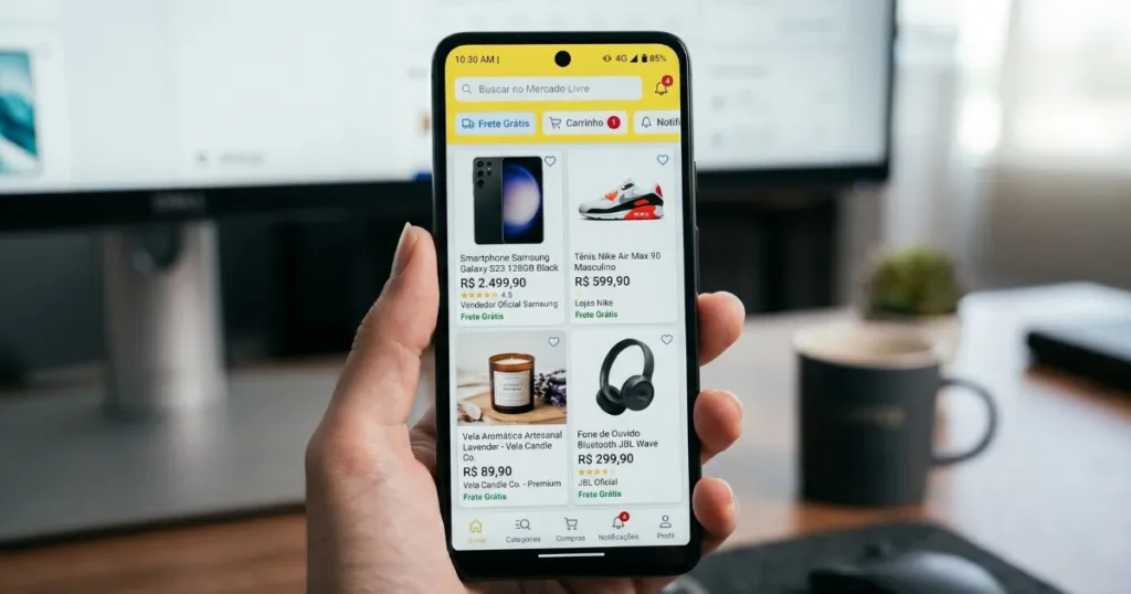 marketplace ou loja própria Tela de smartphone mostrando feed de marketplace com múltiplos produtos e vendedores competindo pela atenção do consumidor.