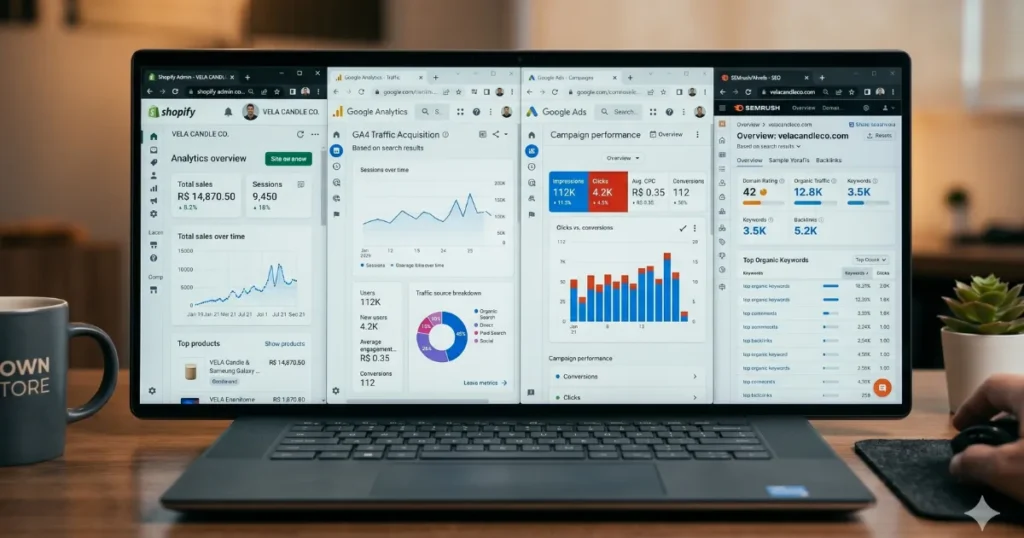 Tela de computador mostrando Shopify dashboard, Google Analytics, Google Ads e ferramentas SEO abertas simultaneamente, representando o trabalho contínuo de uma loja virtual.